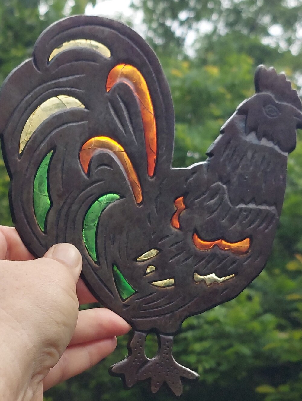 Vintage 1983 W.A. Cast Iron Rooster Trivet with Colorful Resin Inlays